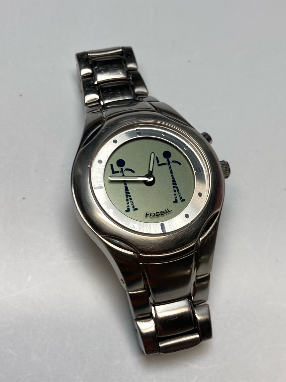 Fossil vintage Y2K Big Tic stainless watch, stick person graphics, new batteries